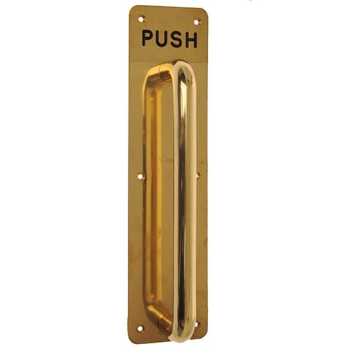 7048 150MM POL. BRASS PULL HANDLE ON PLATE ENGRAVED 'PUSH'